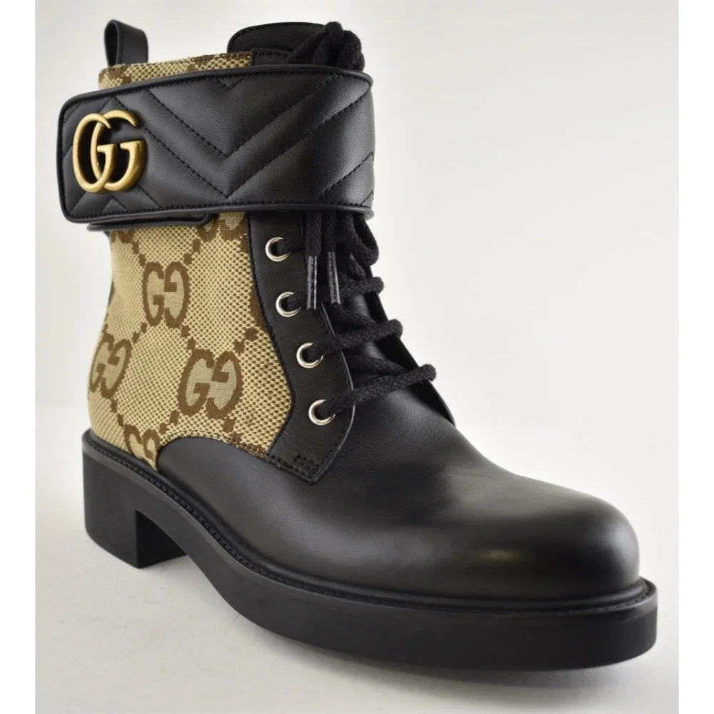 Gucci Marmont Black Leather Beige GG Coated Canvas Logo Print Combat Boots 38